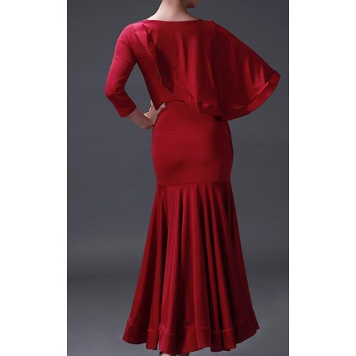 Wine red one shoulder flare sleeves women's adult female competition stage performance ballroom tango waltz dancing dresses